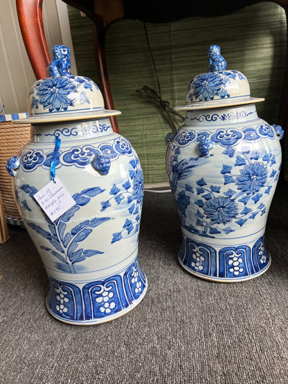 Blue & White Pair of Chinese Temple Jars