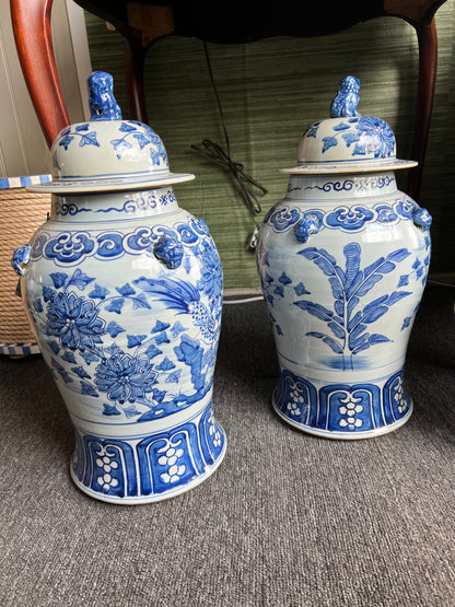 Blue & White Pair of Chinese Temple Jars