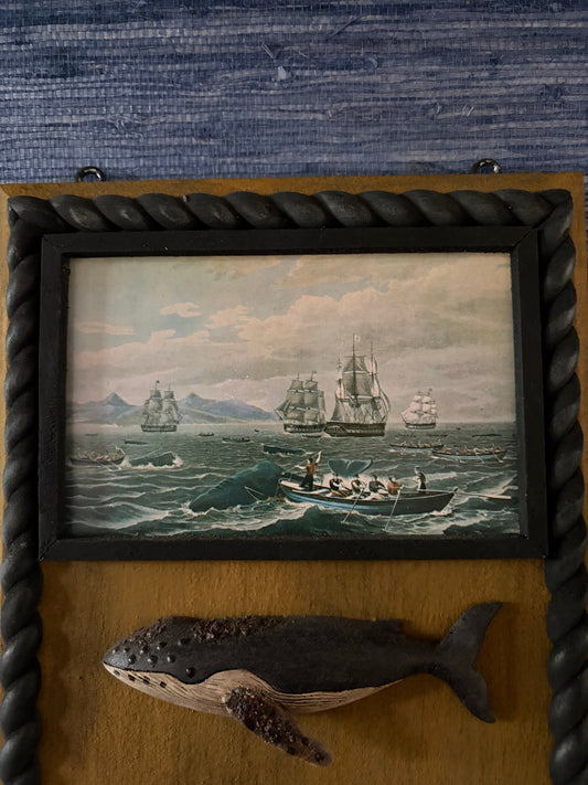 Antique Whaling Scene Postcard with Hand Carved Whales