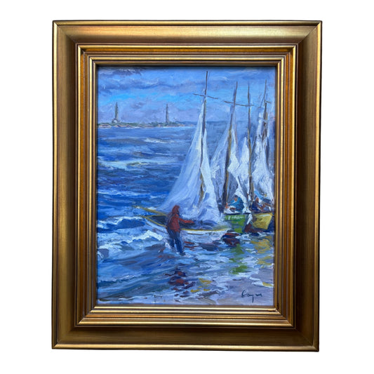 Original oil by Chris Coyne, sailboats and lighthouses.